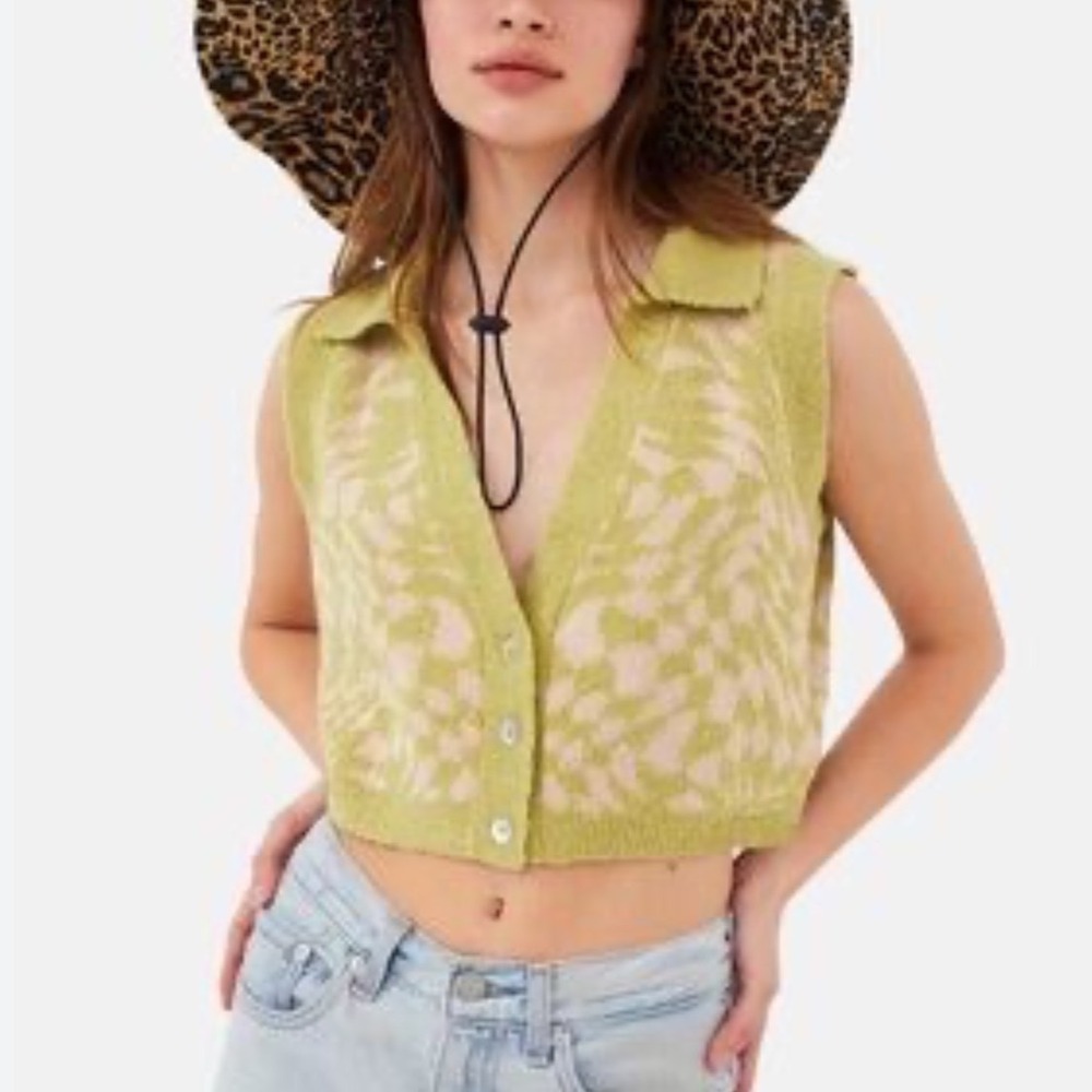 For Love‎ Lemons Simone Green tan Houndstooth Knit Sweater Vest Size 1X